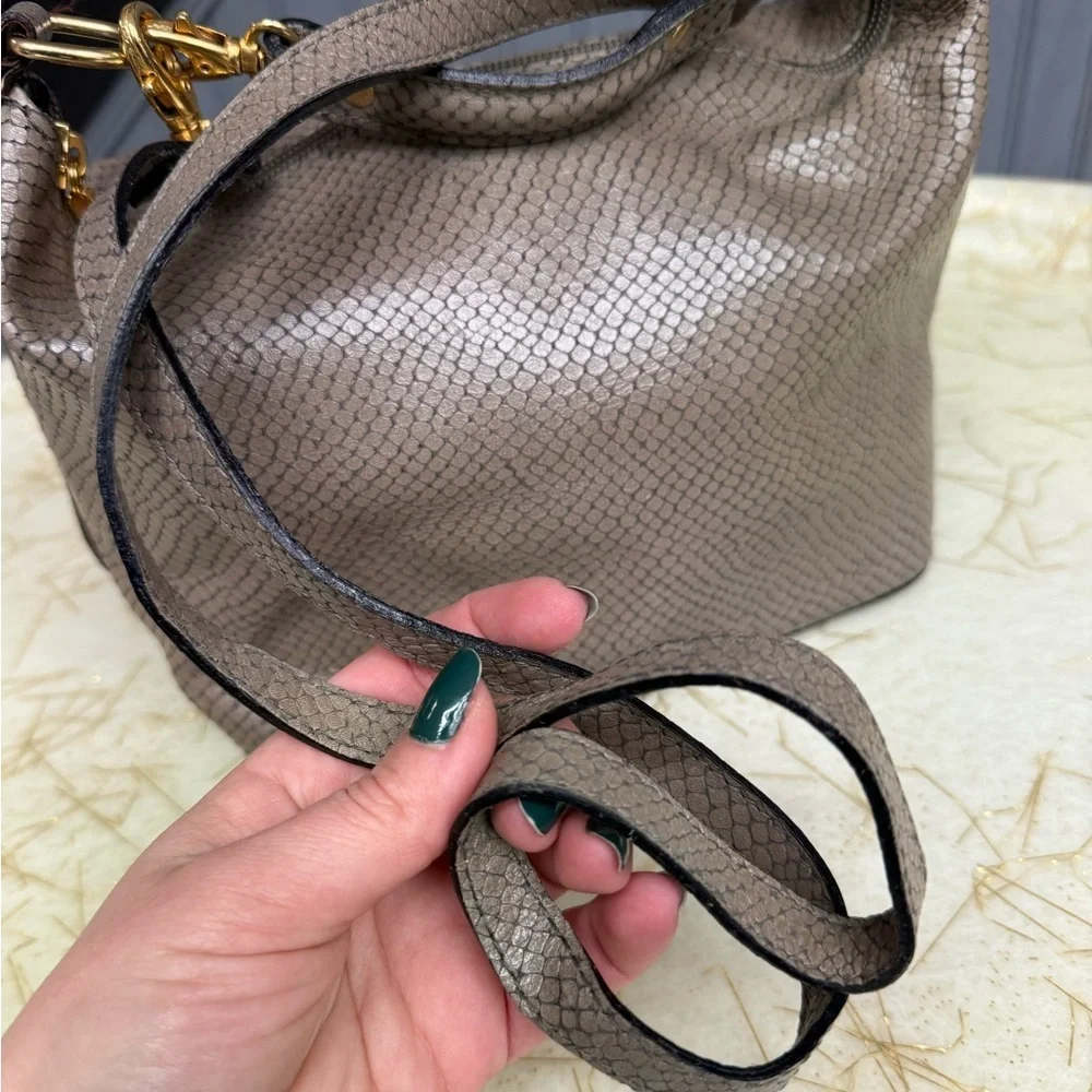 Vintage Metallic Taupe Snake-Embossed Leather Crossbody Bag